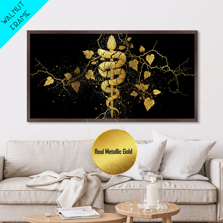 Metallic Gold Metal Print, Dionysus with Grapes, Greek God of Wine Wall Decor, Ancient Myth Celebration Art, Black and Gold Artwork