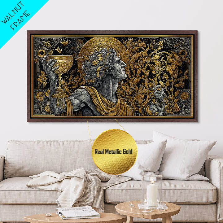 Metallic Gold Art, Dionysus God of Ecstasy, Greek Mythology Wall Scene, Bacchanalia Festival Theme, Black and Gold Metal Wall Print