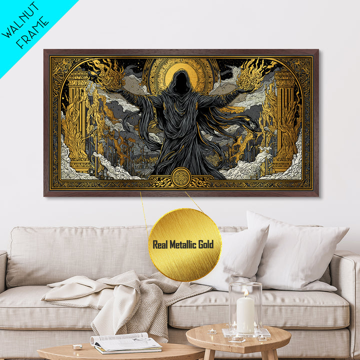 Metallic Gold Art, Erebus God of Darkness, Greek Primordial Deity Wall Scene, Ancient Myth Shadow Theme, Black and Gold Metal Artwork