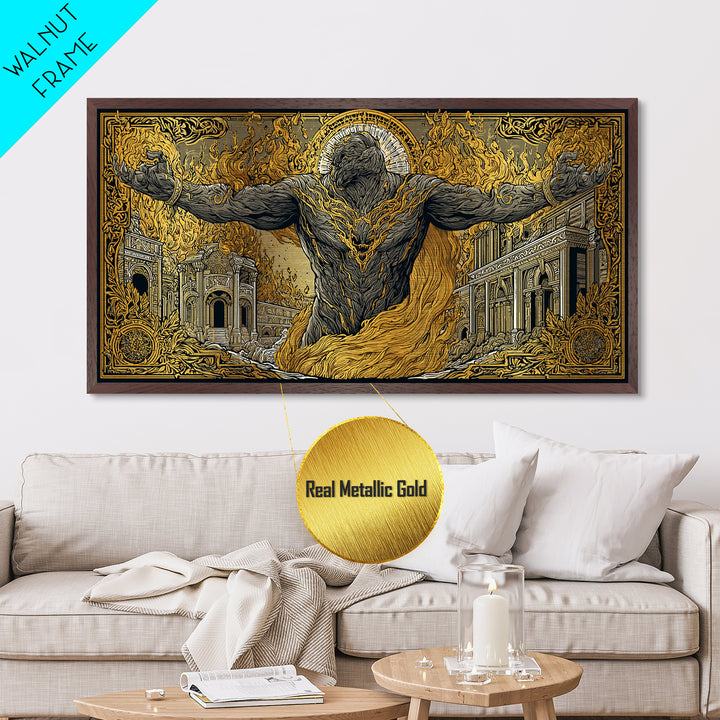 Erebus Metallic Gold Metal Print, Mythical God Artwork, Ancient Greek Wall Art, Real Wood Frame, Luxury Metal Home Decor, Gothic Style