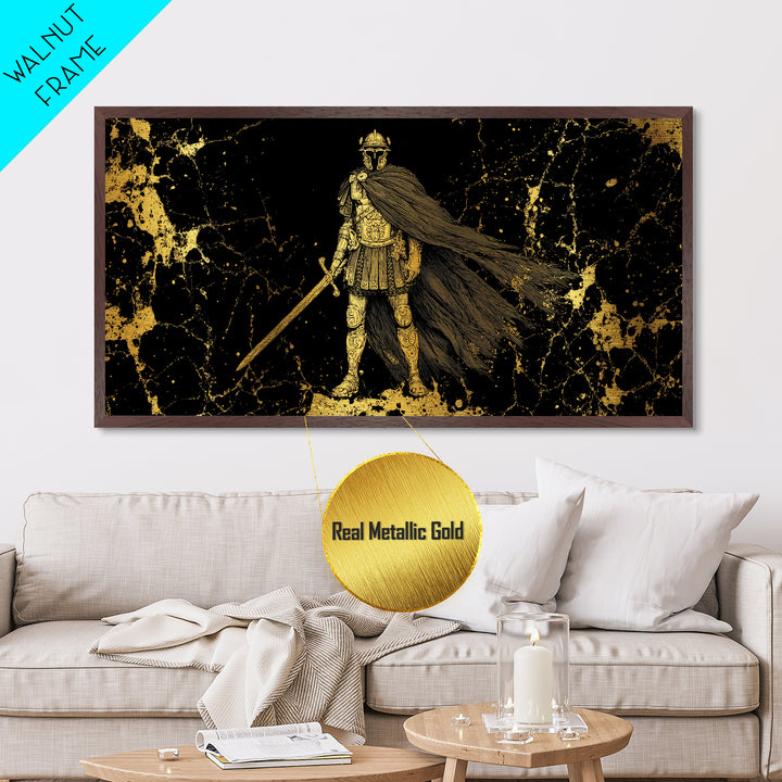 Flavius Metallic Gold Metal Print, Roman Warrior Wall Art, Ancient Soldier Decor, Real Wood Frame, Luxury Metal Artwork For Office