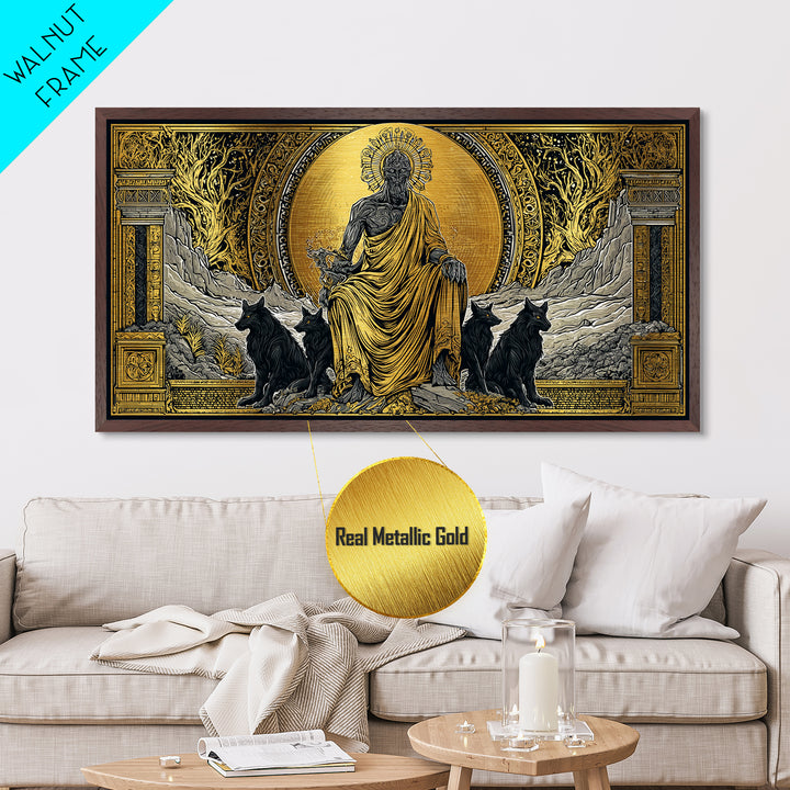 Hades Metallic Gold Metal Print, Greek God Of Underworld Wall Art, Cerberus Mythology Decor, Real Wood Frame, Luxury Metal Wall Hanging