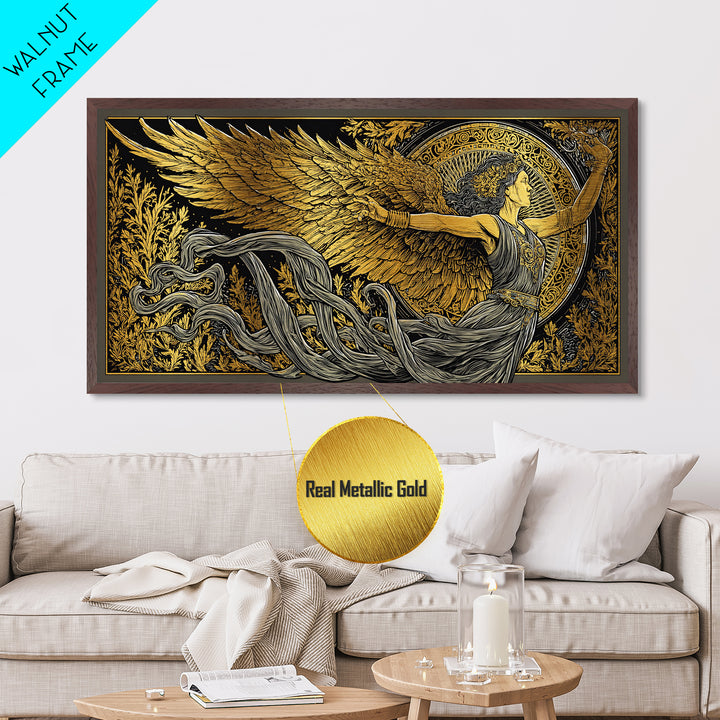 Nike Metallic Gold Metal Print, Greek Goddess Wall Art, Luxury Mythology Decor, Real Wood Frame Artwork, Elegant Gold Winged Art
