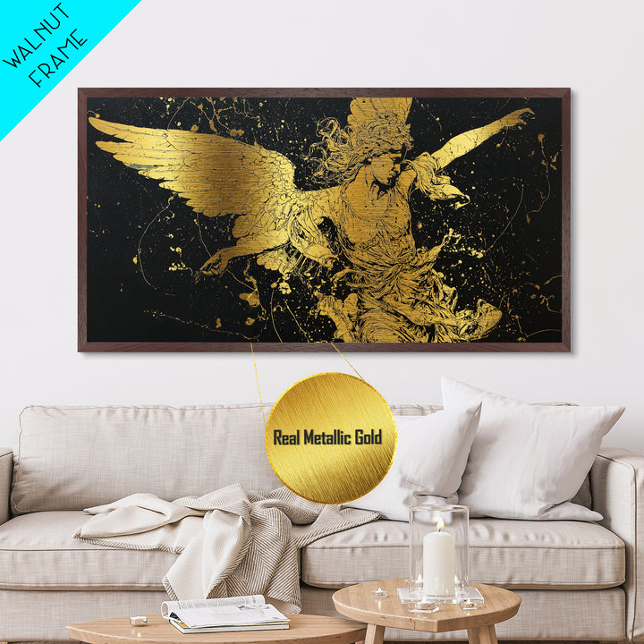 Nike Metallic Gold Art, Greek Goddess Wall Decor, Luxury Mythology Wall Hanging, Real Wood Frame Print, Gold Winged Figure Artwork