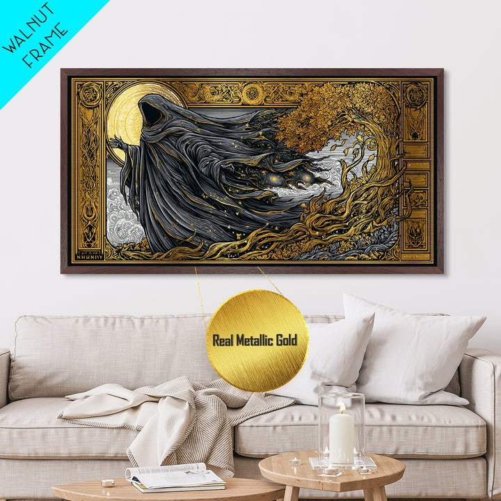 Nyx Metallic Gold Metal Print, Greek Goddess Wall Art, Luxury Mythology Decor, Real Wood Frame Artwork, Elegant Night Goddess Print