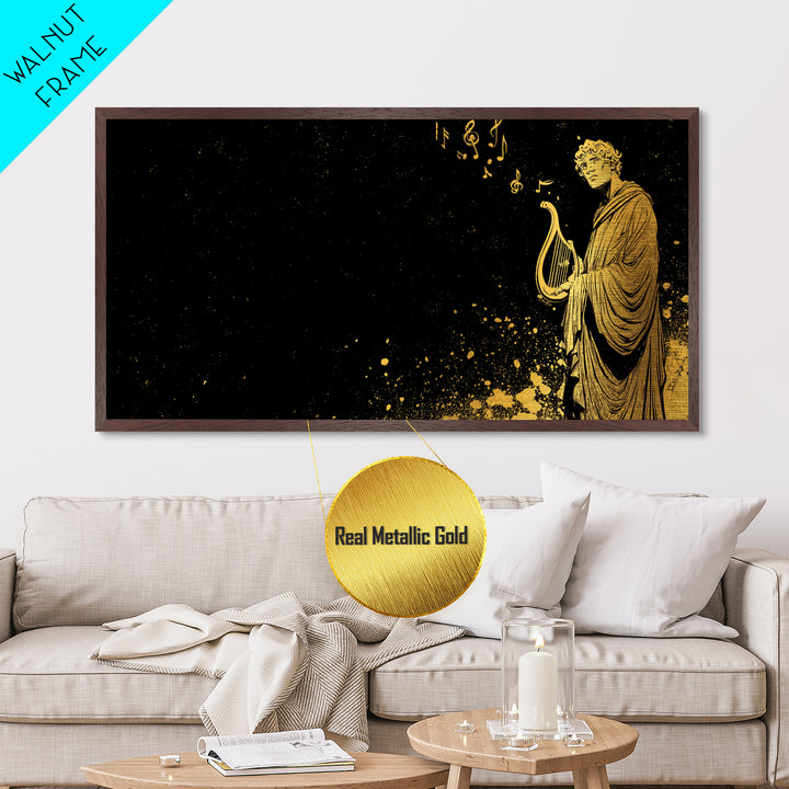 Orpheus Metallic Gold Metal Print, Greek God Wall Art, Luxury Mythology Decor, Real Wood Frame Artwork, Elegant Lyre Musician Artwork
