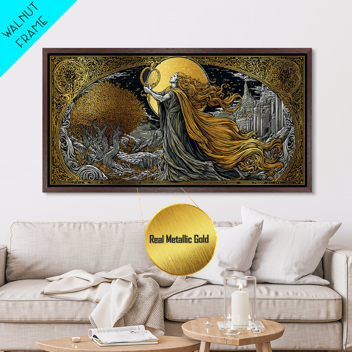 Orpheus Metallic Gold Art, Greek God Wall Decor, Luxury Mythology Wall Hanging, Real Wood Frame Print, Elegant Lyre Musician Wall Art