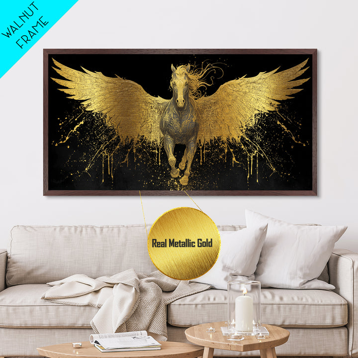 Pegasus Metallic Gold Metal Print, Greek Mythology Wall Art, Luxury Flying Horse Decor, Real Wood Frame Artwork, Elegant Winged Stallion