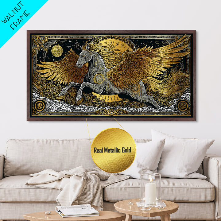 Pegasus Metallic Gold Art, Greek Mythology Wall Decor, Luxury Flying Horse Wall Hanging, Real Wood Frame Print, Elegant Winged Stallion