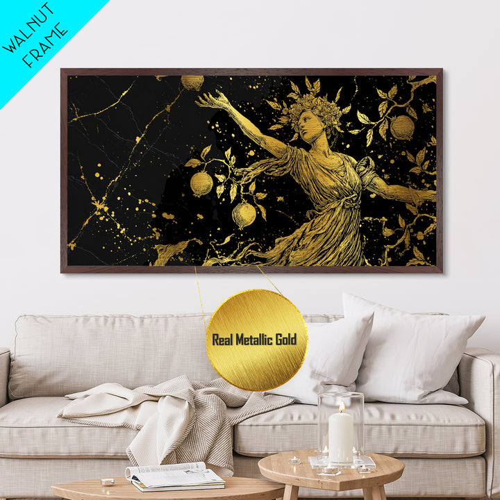 Persephone Metallic Gold Metal Print, Greek Goddess Wall Art, Luxury Mythology Decor, Real Wood Frame Artwork, Elegant Harvest Goddess