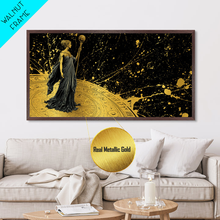 Phoebe Greek Goddess Metallic Gold Art, Mythology Metal Print, Luxury Home Decor, Real Wood Frame, Classical Art Gift