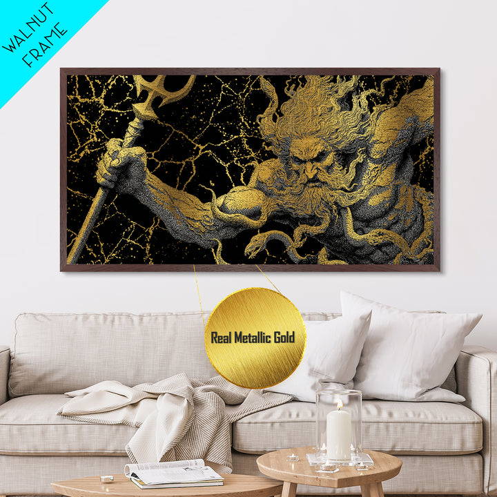 Poseidon Greek God Of The Sea Metallic Gold Metal Print, Mythology Wall Art, Real Wood Frame, Ocean Decor, Nautical Gift