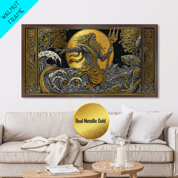 Poseidon Ocean Power Metallic Gold Art, Greek God Metal Print, Sea Mythology Wall Decor, Real Wood Frame, Coastal Gift