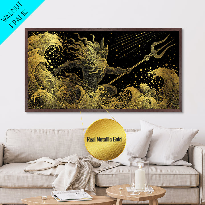 Poseidon Sea Serpent Battle Metallic Gold Metal Print, Greek Mythology Wall Art, Real Wood Frame, Ocean Lover Gift