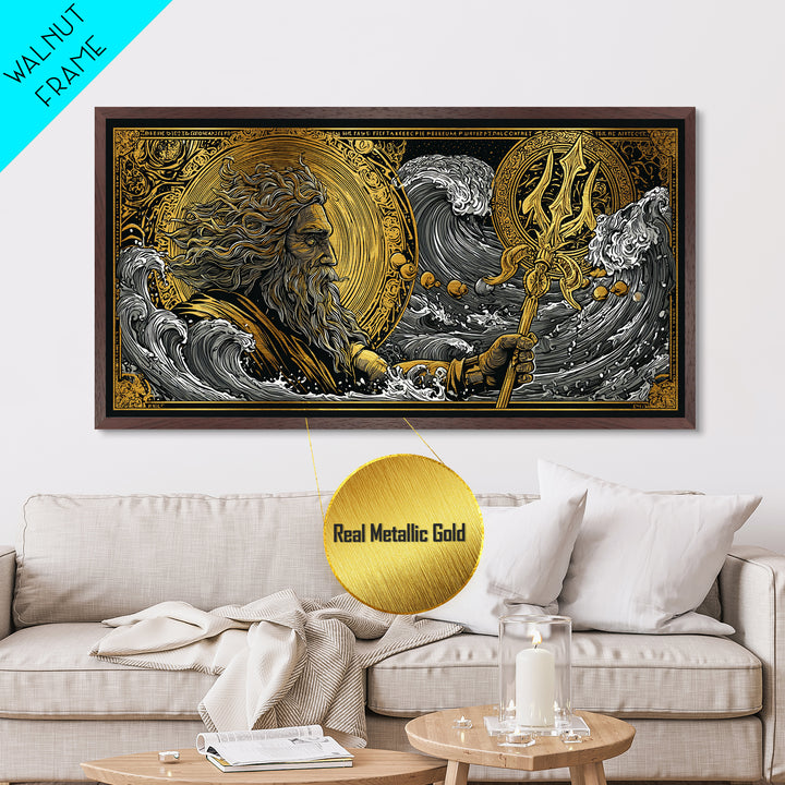 Poseidon Ocean Waves Metallic Gold Art, Greek God Metal Print, Sea Mythology Wall Decor, Real Wood Frame, Nautical Gift