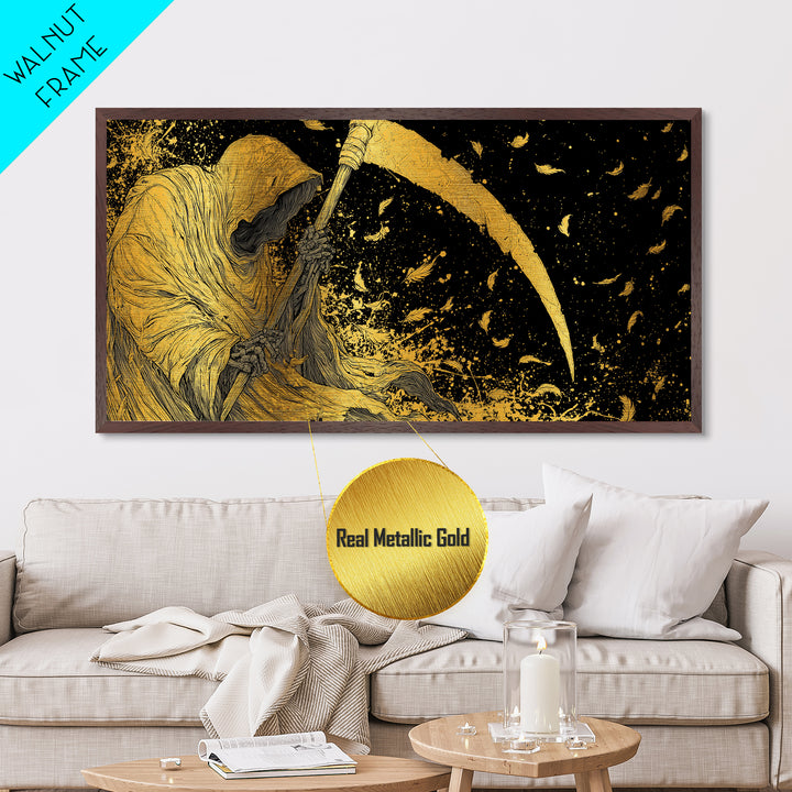 Thanatos Metallic Gold Metal Print, Real Wood Framed Greek Myth Wall Decor, Death Scythe Dark Art Luxury Metal Wall Artwork