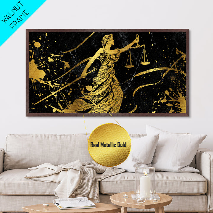 Themis Metallic Gold Metal Print, Real Wood Framed Greek Justice Wall Art, Scales Of Justice Mythology Inspired Metal Artwork