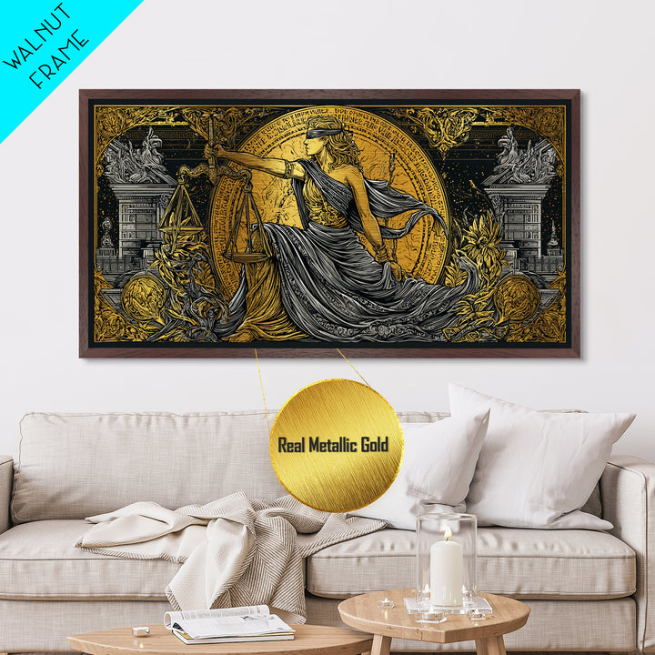 Themis Metallic Gold Metal Print, Real Wood Framed Greek Justice Wall Decor, Blindfolded Lady With Scales Metal Wall Artwork
