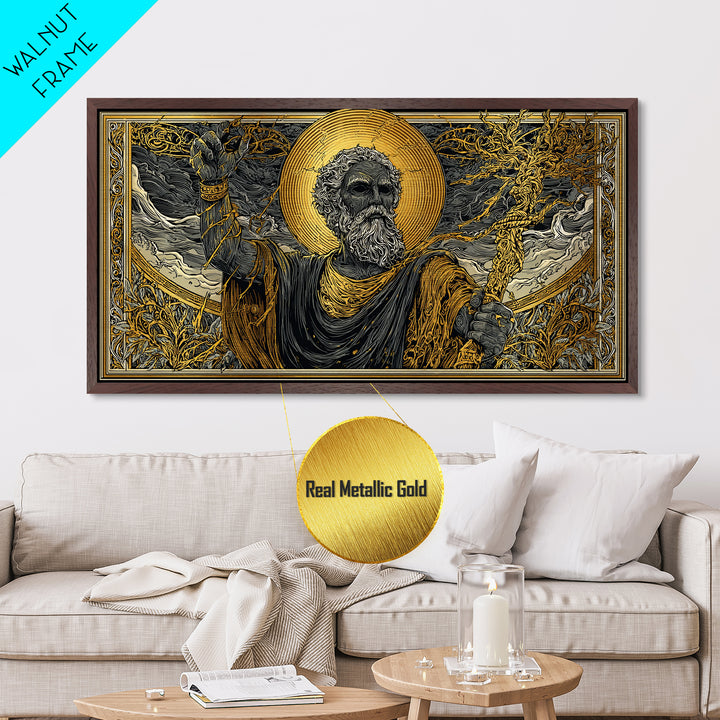 Zeus Metallic Gold Metal Print, Real Wood Framed Greek God Of Thunder Wall Art, Lightning Bolt Mythology Decorative Metal Artwork