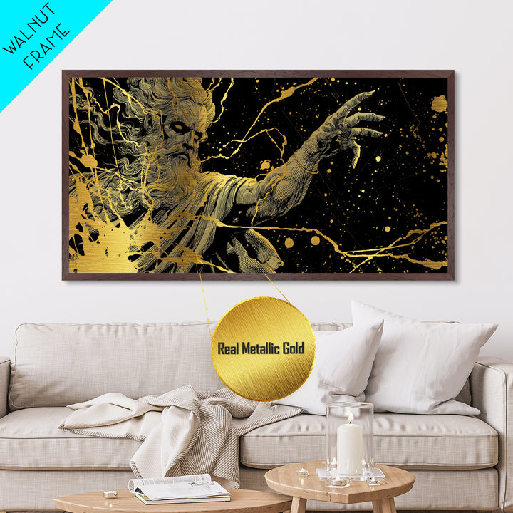 Zeus Metallic Gold Metal Print, Real Wood Framed Greek Myth Wall Art, Lightning And Storm Luxury Decorative Metal Artwork
