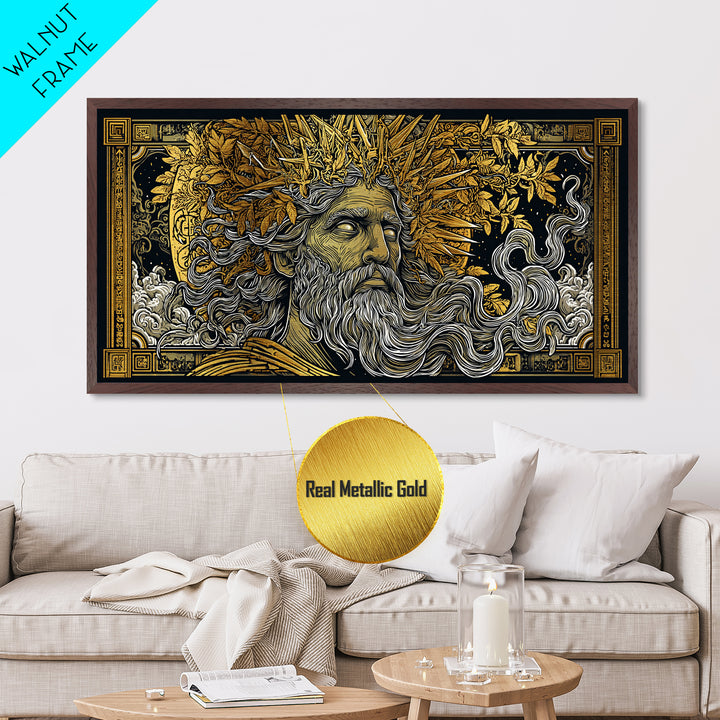 Zeus Metallic Gold Metal Print, Real Wood Framed Greek Mythology Wall Decor, Bearded Figure With Lightning Bolt Metal Artwork