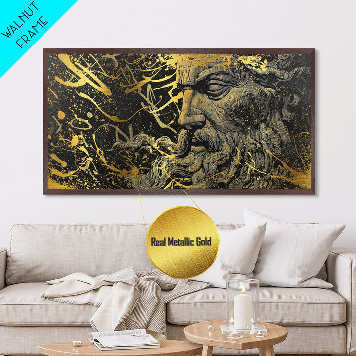 Zeus Metallic Gold Metal Print, Real Wood Framed Greek God Wall Art, Mythological Bearded Portrait Luxury Decorative Artwork
