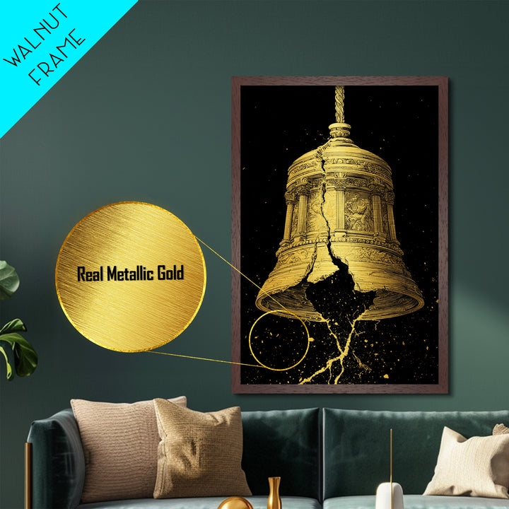 Golden Cracked Bell – Metallic Gold Metal Print – Ancient Greek Inspired Wall Art with Real Wood Frame for Classical Decor