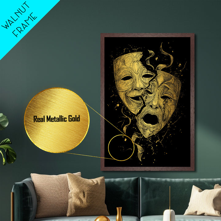 Broken Comedy and Tragedy Masks Metallic Gold Metal Print – Dramatic Greek Theater Wall Art with Real Wood Frame