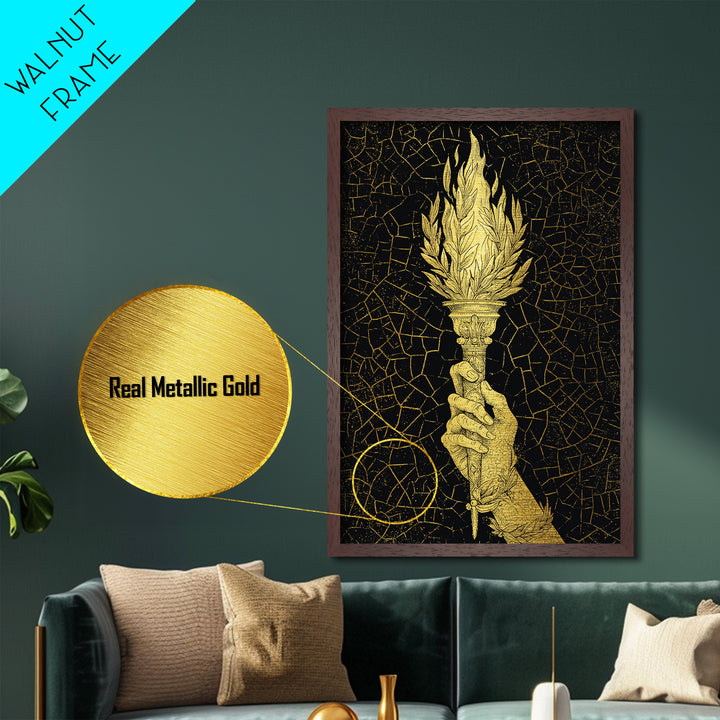 Olympic Flame Hand Holding Torch Metallic Gold Metal Print – Classical Greek Inspired Wall Art with Real Wood Frame
