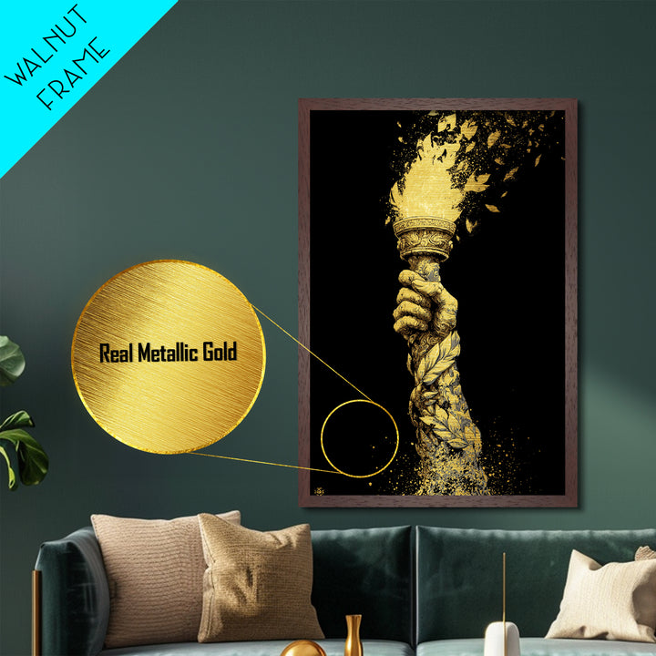 Flaming Laurel Torch Metallic Gold Metal Print – Ancient Greek Victory Symbol Wall Art with Real Wood Frame