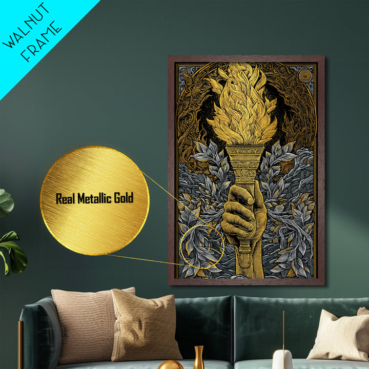 Mythic Laurel Torch Metallic Gold Metal Print – Intricate Greek Style Wall Art with Real Wood Frame