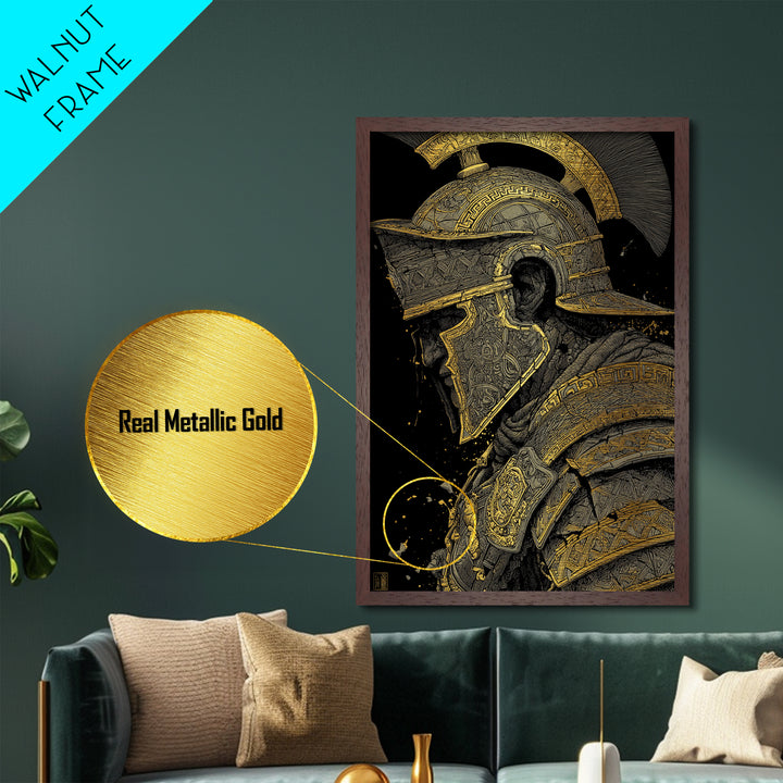 Profile Spartan Warrior Helmet Metallic Gold Metal Print – Ancient Greek Hoplite Wall Art with Real Wood Frame