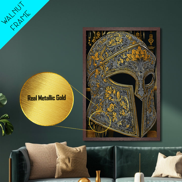 Floral Spartan Helmet with Golden Leaf Engraving – Metallic Gold Art, Real Wood Framed Metal Art, Classic Warrior Helmet Wall Decor