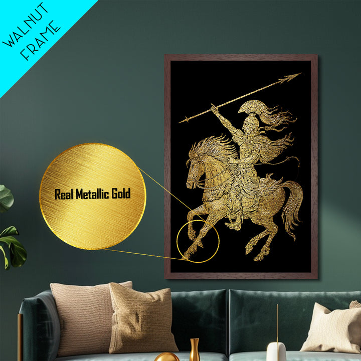 Ancient Warrior on Horseback Metallic Gold Metal Print – Greek Mythology Spear Rider, Real Wood Frame Classical Wall Art