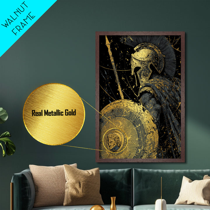 Greek Hoplite Warrior Metallic Gold Art – Spartan Spear and Shield Design, Real Wood Frame Classical Battle Scene Wall Décor