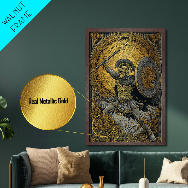 Heroic Spartan Warrior Metallic Gold Metal Print – Lion Shield and Spear Combat Scene, Real Wood Frame Greek Mythology Art