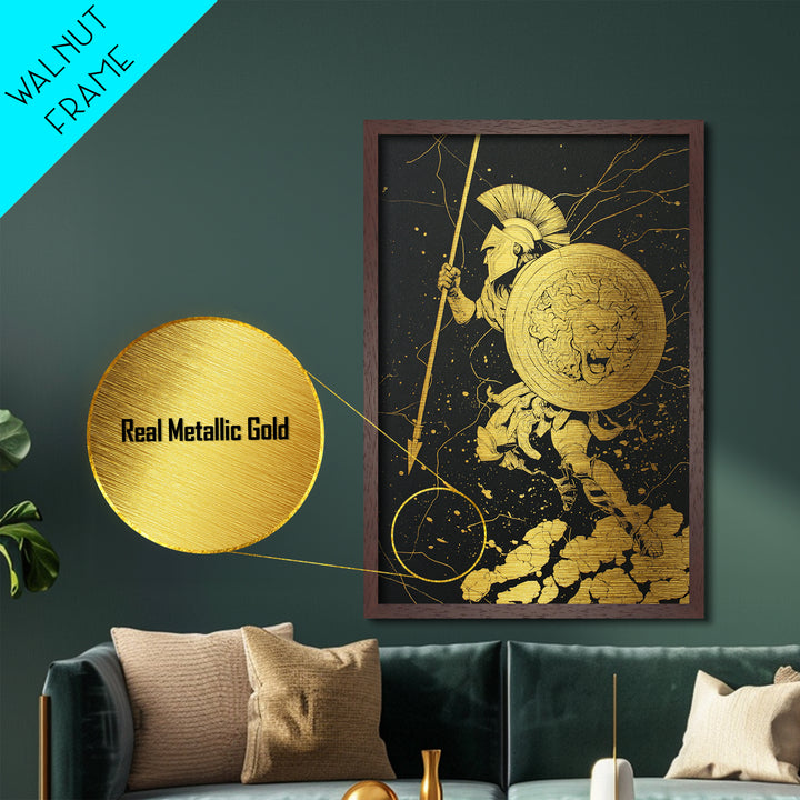 Charging Hoplite Warrior Metallic Gold Art – Greek Spear and Lion Shield Battle Pose, Real Wood Frame Ancient Warrior Wall Art