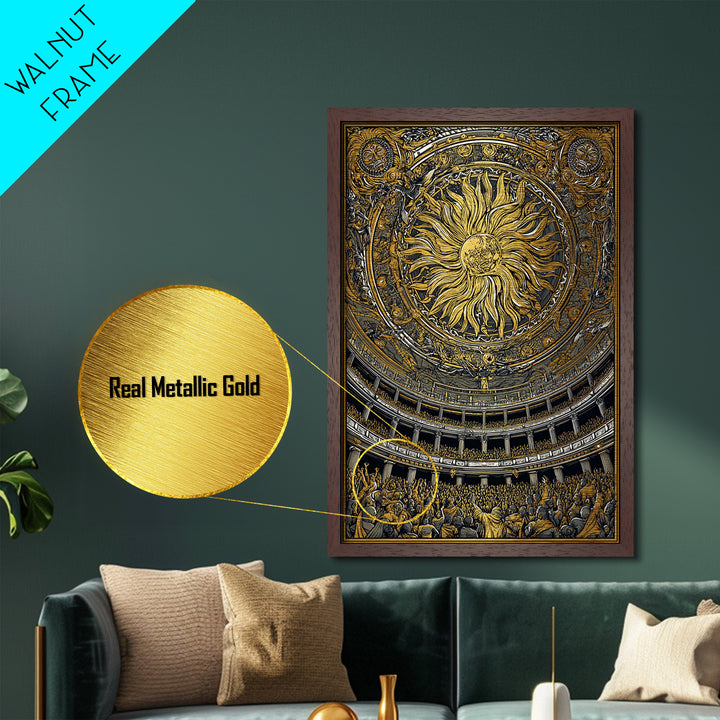 Grand Sun Ceiling Metallic Gold Metal Print – Ornate Mythological Dome Artwork, Real Wood Frame Classical Architectural Wall Art