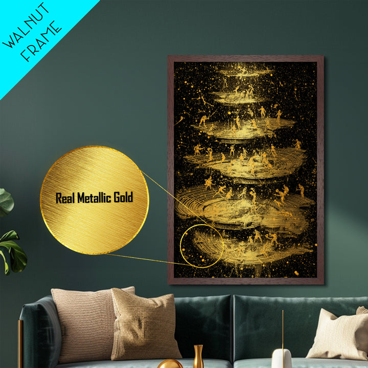 Celestial Battle Layers Metallic Gold Metal Print – Mythological Figures Across Cosmic Rings, Real Wood Frame Fantasy Art