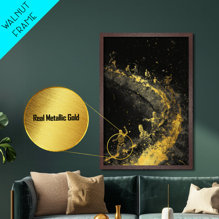 Warriors on Golden Path Metallic Gold Art – Surreal Spiral Battle Scene, Real Wood Frame Mythology Inspired Wall Décor