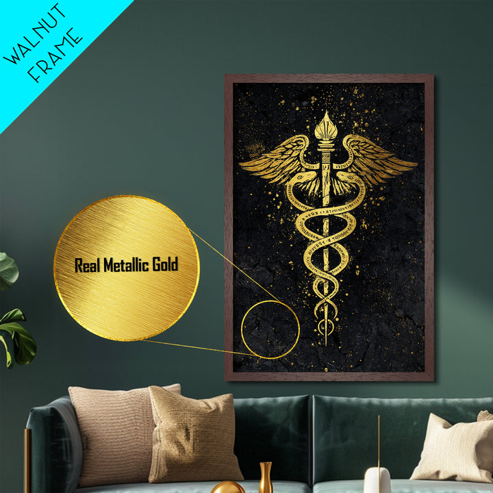 Caduceus Symbol Wall Art, Serpent And Wings Medical Symbol Artwork, Metallic Gold Metal Print, Real Wood Frame Decor