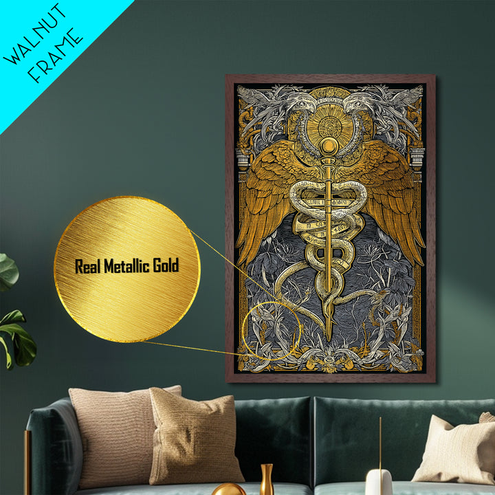 Ornate Medical Symbol Artwork, Caduceus Wall Decor With Wings And Serpents, Metallic Gold Metal Print, Real Wood Frame
