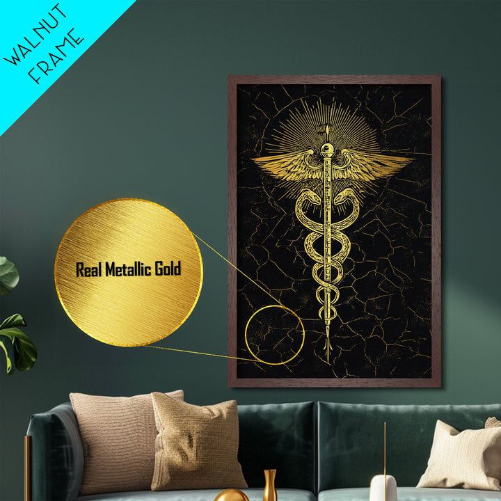 Radiant Caduceus Symbol Wall Art, Serpent And Winged Staff Artwork, Metallic Gold Metal Print, Real Wood Frame Decor