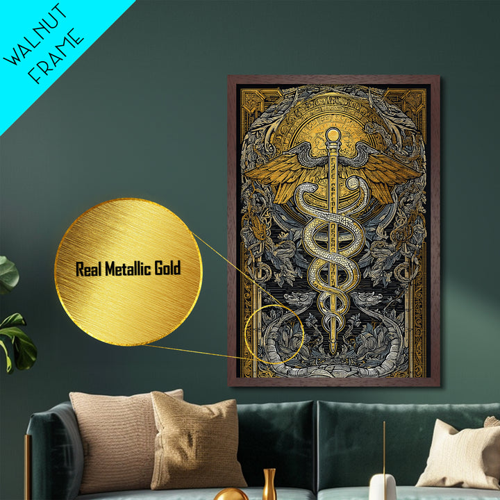 Botanical Caduceus Symbol Artwork, Ornate Serpent And Wings Wall Art, Metallic Gold Metal Print, Real Wood Frame Decor