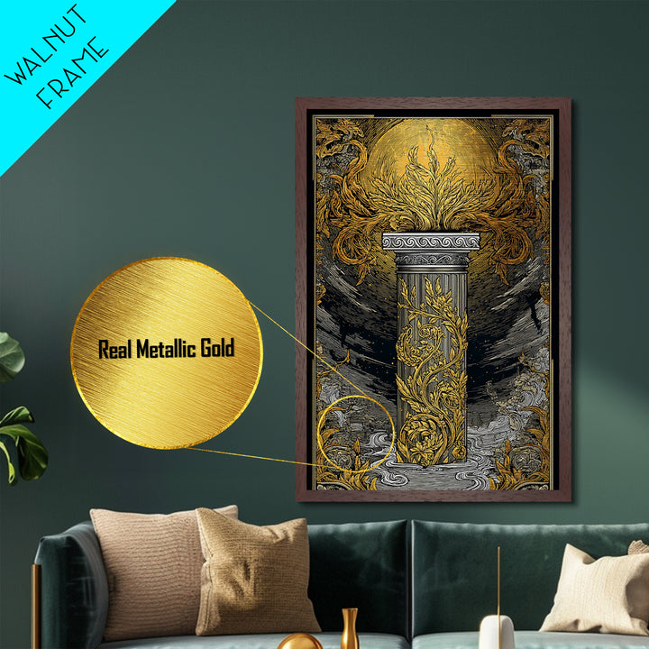 Greek Column Artwork, Mythical Pillar With Golden Flames Wall Art, Metallic Gold Metal Print, Real Wood Frame Decor