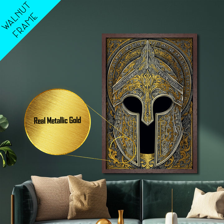Ornate Bronze and Silver Spartan Helmet Wall Print – Metallic Gold Art, Real Wood Frame Metal Art, Classical Greek Warrior Decor