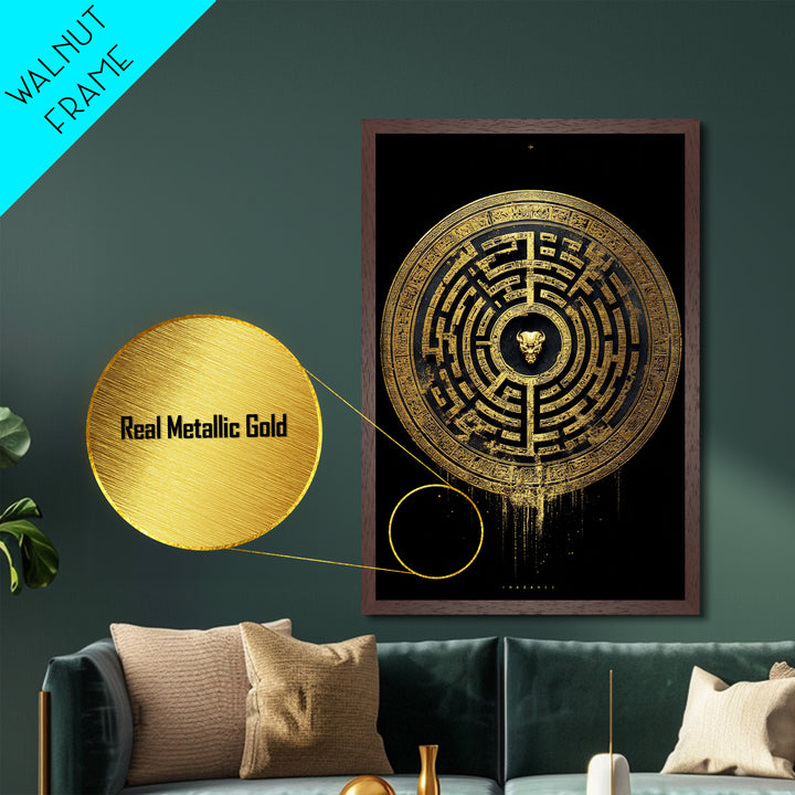 Greek Labyrinth Artwork, Mythical Minotaur Maze Symbol Wall Art, Metallic Gold Metal Print, Real Wood Frame, Esoteric Decor