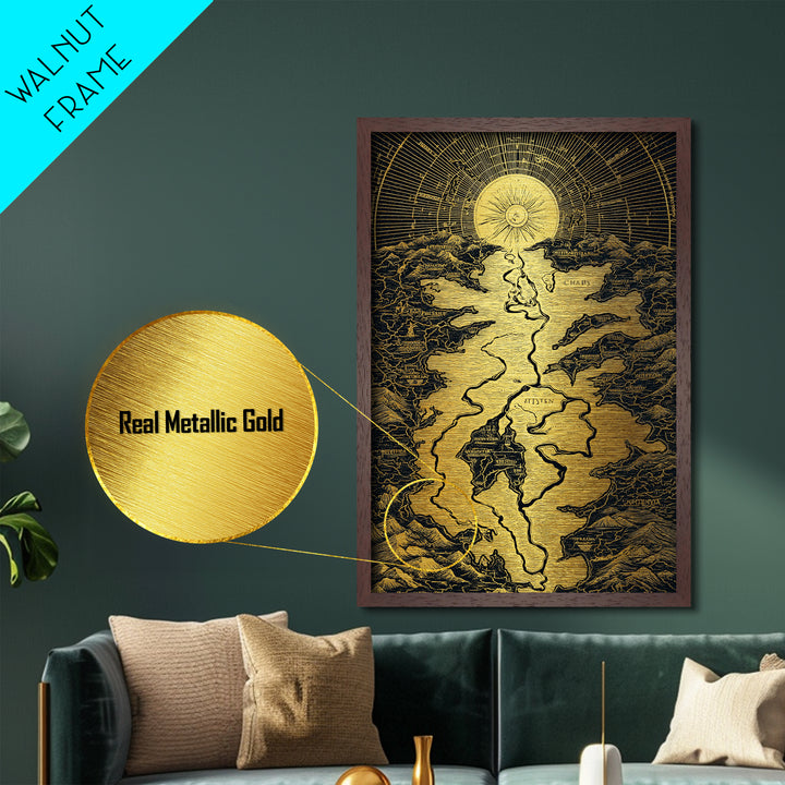 Celestial Map Artwork, Mythical Golden Sun And River Wall Art, Metallic Gold Metal Print, Real Wood Frame, Ancient Inspired Decor