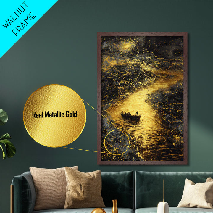 Mythical Boat Journey Artwork, Celestial Golden Map Wall Art, Metallic Gold Metal Print, Real Wood Frame, Mystical Decor
