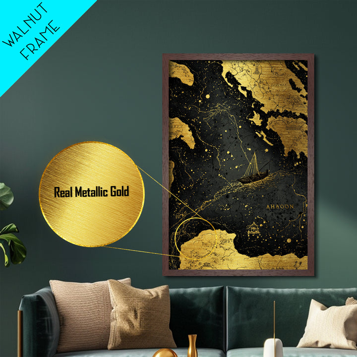 Golden Voyage Map Artwork, Ancient Nautical Journey Wall Art, Metallic Gold Metal Print, Real Wood Frame, Mythical Decor